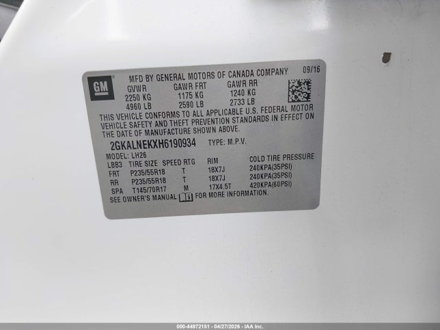 44972151 :رقم المزاد ، 2GKALNEKXH6190934 vin ، 2017 Gmc Terrain Sle-2 مزاد بيع