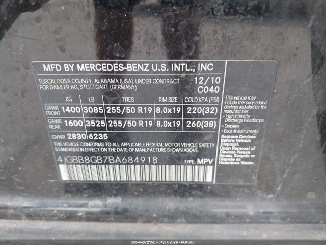 44972155 :رقم المزاد ، 4JGBB8GB7BA684918 vin ، 2011 Mercedes-benz Ml 350 4matic مزاد بيع