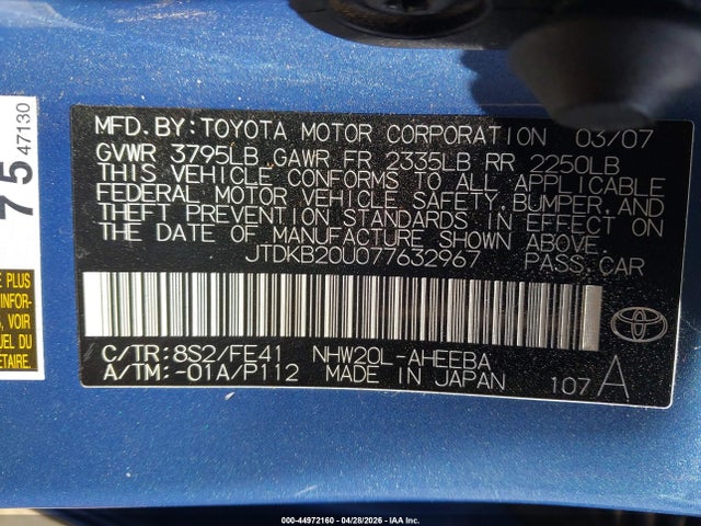 Aukcja sprzedaży 2007 Toyota Prius, vin: JTDKB20U077632967, numer aukcji: 44972160