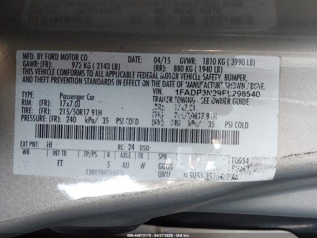 Продаж на аукціоні авто 2015 Ford Focus Titanium, vin: 1FADP3N29FL298540, номер лоту: 44972179