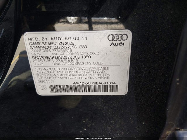 Aukcja sprzedaży 2011 Audi Q5 3.2 Premium Plus, vin: WA1DKAFP8BA091614, numer aukcji: 44972182