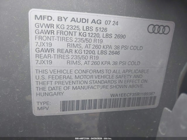 Aukcja sprzedaży 2024 Audi Q3 Premium Plus 45 Tfsi S Line Quattro Tiptronic, vin: WA1EECF35R1189367, numer aukcji: 44972184