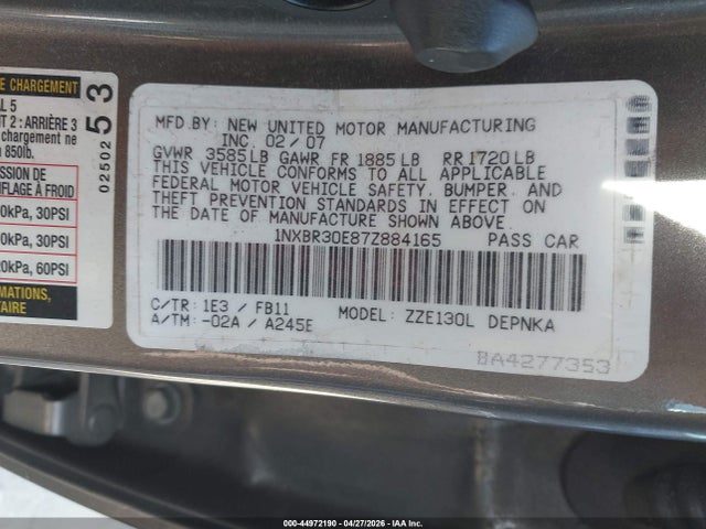 2007 Toyota Corolla Le მანქანა იყიდება აუქციონზე, vin: 1NXBR30E87Z884165, აუქციონის ნომერი: 44972190