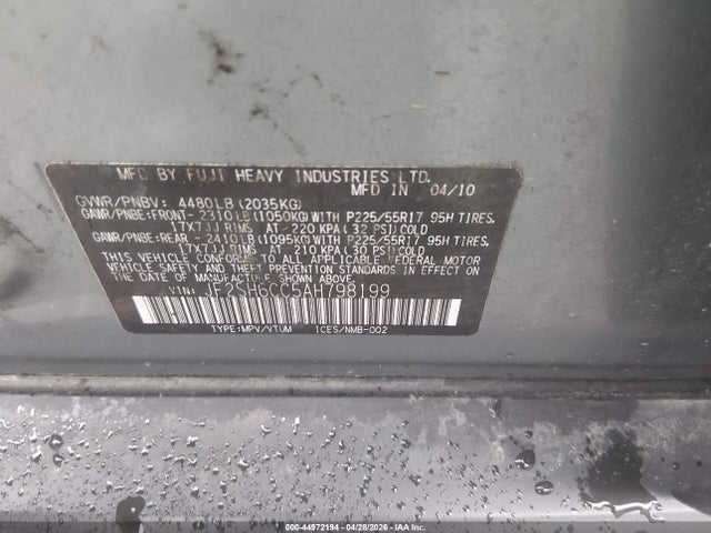 2010 Subaru Forester 2.5x Premium მანქანა იყიდება აუქციონზე, vin: JF2SH6CC5AH798199, აუქციონის ნომერი: 44972194