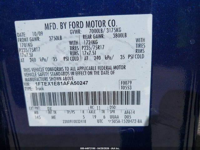 Aukcja sprzedaży 2010 Ford F-150 Stx/xl/xlt, vin: 1FTEX1E81AFA50247, numer aukcji: 44972195