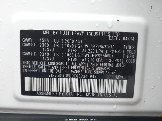 Продаж на аукціоні авто 2014 Subaru Outback 2.5i Premium, vin: 4S4BRBDC0E3308947, номер лоту: 44972196