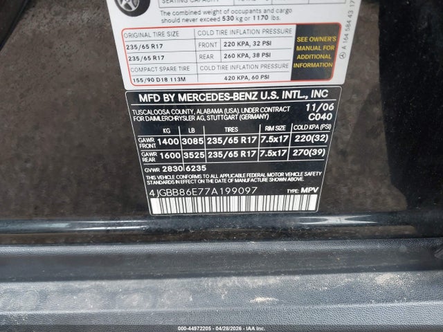 Продажа на аукционе авто 2007 Mercedes-benz Ml 350 4matic, vin: 4JGBB86E77A199097, номер лота: 44972205