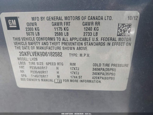2013 Gmc Terrain Slt-1 მანქანა იყიდება აუქციონზე, vin: 2GKFLVEK9D6182582, აუქციონის ნომერი: 44972208