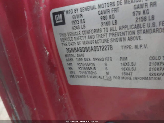 Aukcja sprzedaży 2010 Chevrolet Hhr Lt, vin: 3GNBABDB0AS572278, numer aukcji: 44972215