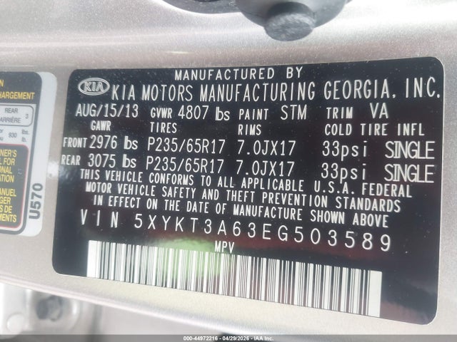 2014 Kia Sorento Lx მანქანა იყიდება აუქციონზე, vin: 5XYKT3A63EG503589, აუქციონის ნომერი: 44972216