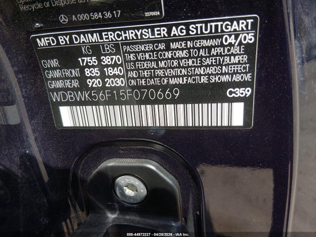 2005 Mercedes-benz Slk 350 მანქანა იყიდება აუქციონზე, vin: WDBWK56F15F070669, აუქციონის ნომერი: 44972227