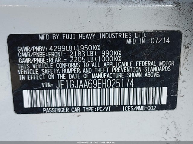 Продажа на аукционе авто 2014 Subaru Impreza 2.0i, vin: JF1GJAA69EH025174, номер лота: 44972229