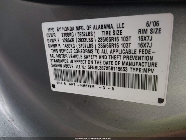 Aukcja sprzedaży 2006 Honda Odyssey Ex-l, vin: 5FNRL387X6B115653, numer aukcji: 44972242