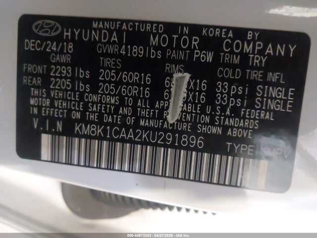 2019 Hyundai Kona Se მანქანა იყიდება აუქციონზე, vin: KM8K1CAA2KU291896, აუქციონის ნომერი: 44972243