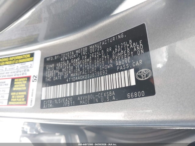 2025 Toyota Camry Se მანქანა იყიდება აუქციონზე, vin: 4T1DAACK2SU619692, აუქციონის ნომერი: 44972300