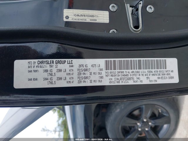 44972301 :رقم المزاد ، 1C4NJRFB7CD689791 vin ، 2012 Jeep Patriot Latitude مزاد بيع