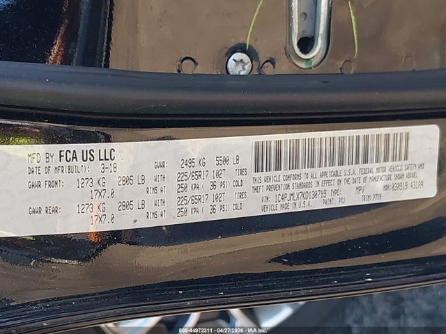 44972311 :رقم المزاد ، 1C4PJMLX7KD130719 vin ، 2019 Jeep Cherokee Latitude Plus 4x4 مزاد بيع