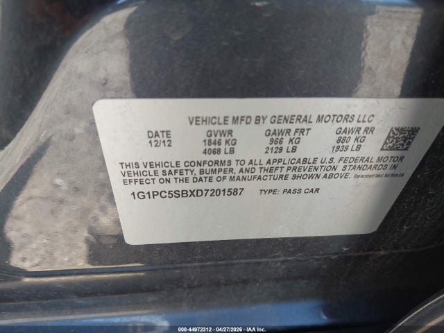 Aukcja sprzedaży 2013 Chevrolet Cruze 1lt Auto, vin: 1G1PC5SBXD7201587, numer aukcji: 44972312