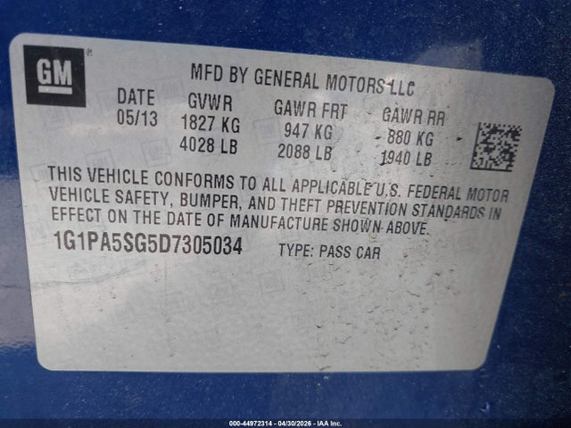 44972314 :رقم المزاد ، 1G1PA5SG5D7305034 vin ، 2013 Chevrolet Cruze Ls Auto مزاد بيع