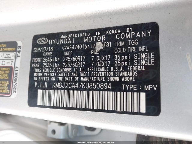 2019 Hyundai Tucson Se მანქანა იყიდება აუქციონზე, vin: KM8J2CA47KU850894, აუქციონის ნომერი: 44972320