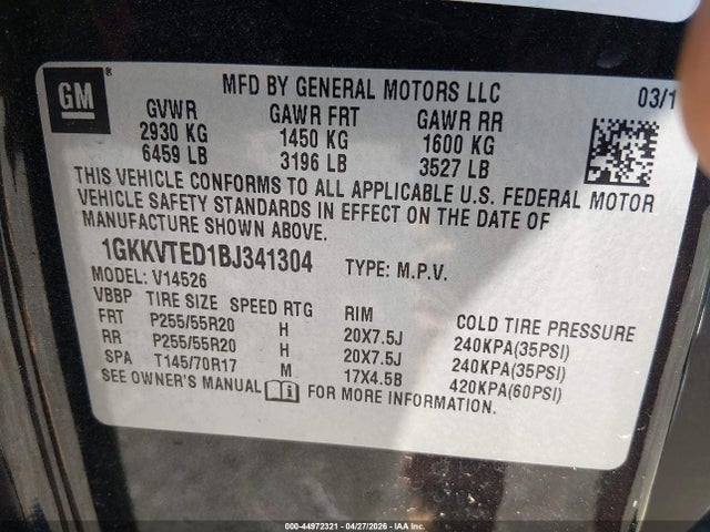 44972321 :رقم المزاد ، 1GKKVTED1BJ341304 vin ، 2011 Gmc Acadia Denali مزاد بيع