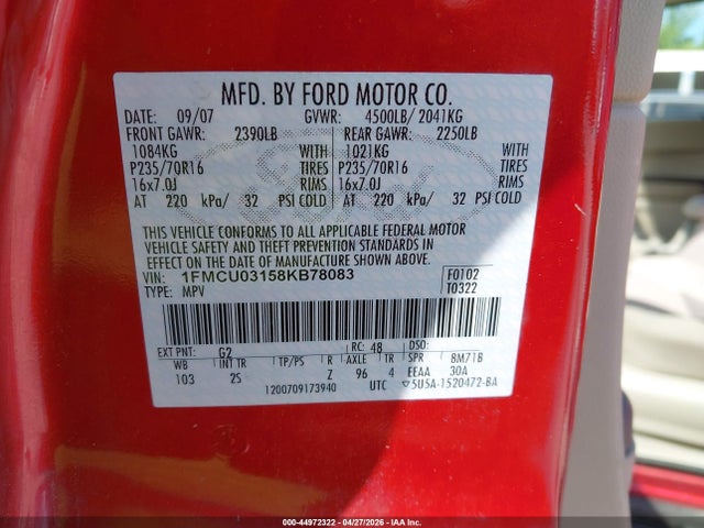 Продажа на аукционе авто 2008 Ford Escape Xlt, vin: 1FMCU03158KB78083, номер лота: 44972322