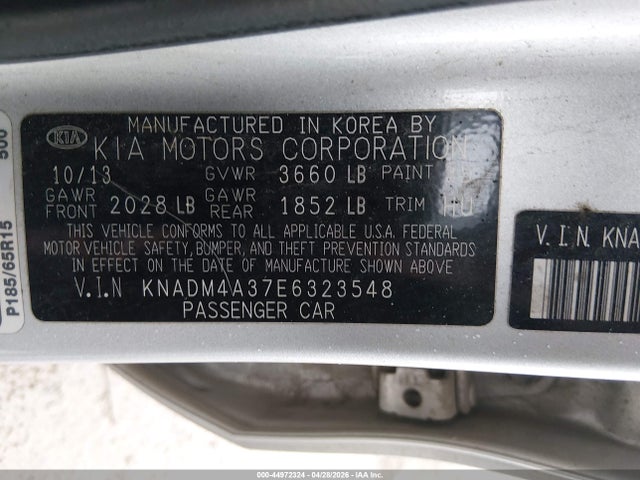 2014 Kia Rio Lx მანქანა იყიდება აუქციონზე, vin: KNADM4A37E6323548, აუქციონის ნომერი: 44972324