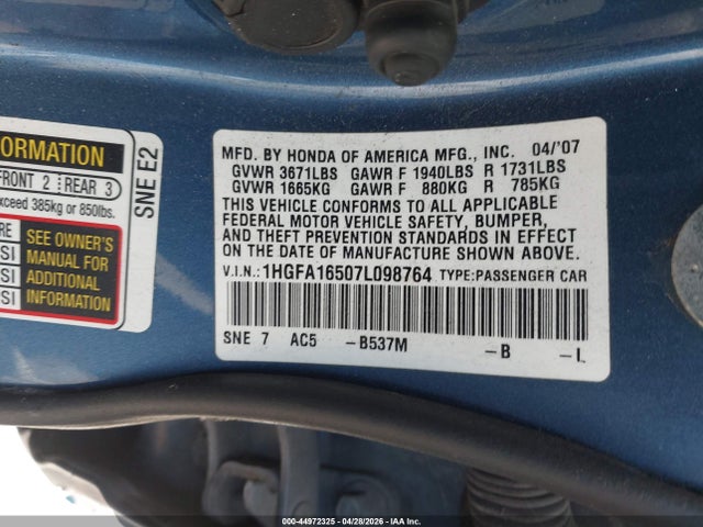 Aukcja sprzedaży 2007 Honda Civic Lx, vin: 1HGFA16507L098764, numer aukcji: 44972325