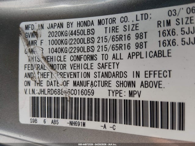 Продаж на аукціоні авто 2006 Honda Cr-v Ex, vin: JHLRD68886C016059, номер лоту: 44972329