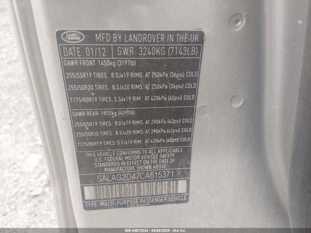 44972334 :رقم المزاد ، SALAG2D47CA615371 vin ، 2012 Land Rover Lr4 مزاد بيع