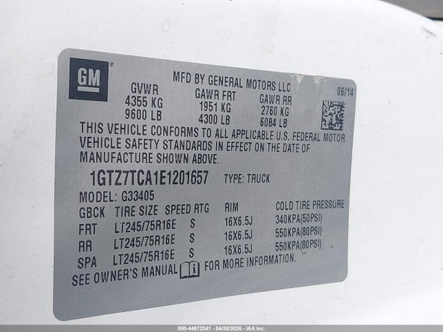 44972341 :رقم المزاد ، 1GTZ7TCA1E1201657 vin ، 2014 Gmc Savana 3500 Work Van مزاد بيع