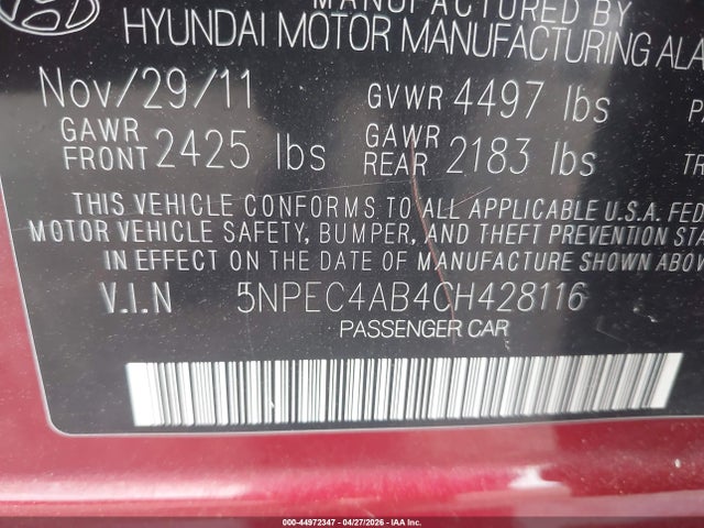44972347 :رقم المزاد ، 5NPEC4AB4CH428116 vin ، 2012 Hyundai Sonata Limited 2.0t مزاد بيع