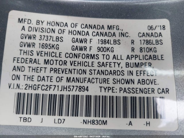 Aukcja sprzedaży 2018 Honda Civic Ex, vin: 2HGFC2F71JH577894, numer aukcji: 44972352