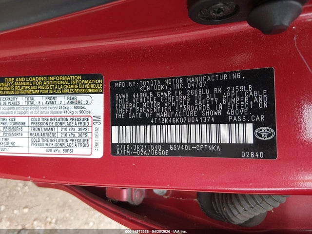 2007 Toyota Camry Le V6 მანქანა იყიდება აუქციონზე, vin: 4T1BK46K07U041374, აუქციონის ნომერი: 44972356