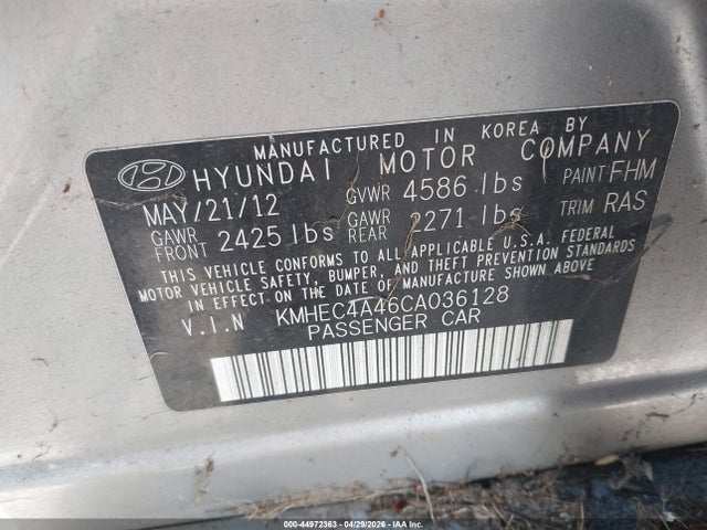 Продажа на аукционе авто 2012 Hyundai Sonata Hybrid, vin: KMHEC4A46CA036128, номер лота: 44972363