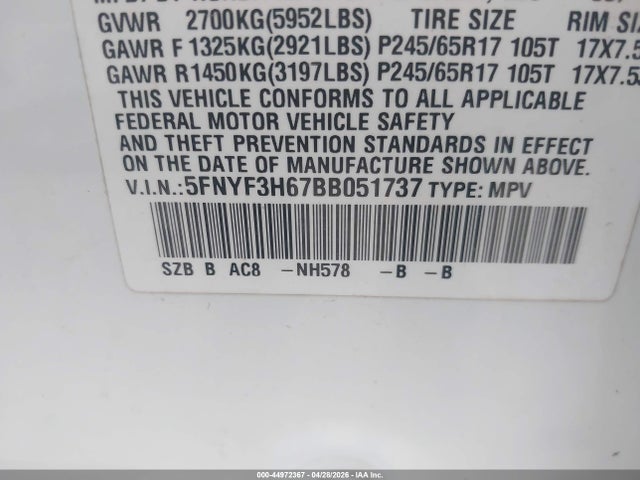 Продаж на аукціоні авто 2011 Honda Pilot Ex-l, vin: 5FNYF3H67BB051737, номер лоту: 44972367