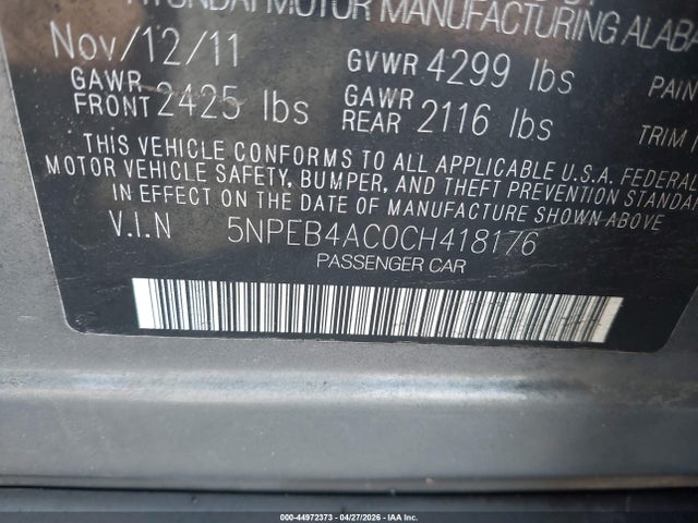 Aukcja sprzedaży 2012 Hyundai Sonata Gls, vin: 5NPEB4AC0CH418176, numer aukcji: 44972373