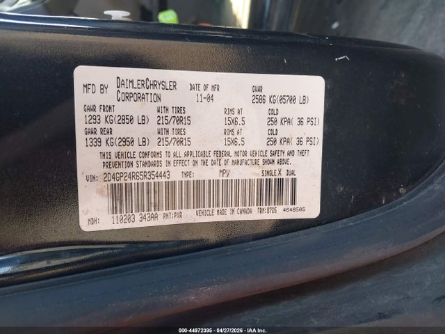 2005 Dodge Grand Caravan Se მანქანა იყიდება აუქციონზე, vin: 2D4GP24R65R354443, აუქციონის ნომერი: 44972395