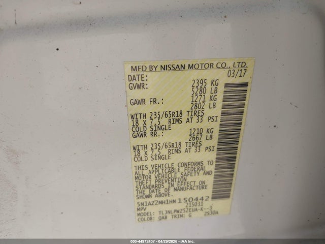 44972407 :رقم المزاد ، 5N1AZ2MH1HN150442 vin ، 2017 Nissan Murano S مزاد بيع