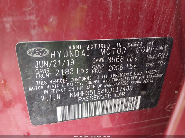 44972408 :رقم المزاد ، KMHH35LE4KU117439 vin ، 2019 Hyundai Elantra Gt مزاد بيع