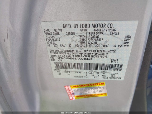 Aukcja sprzedaży 2010 Ford Escape Limited, vin: 1FMCU9EG8AKC45531, numer aukcji: 44972409