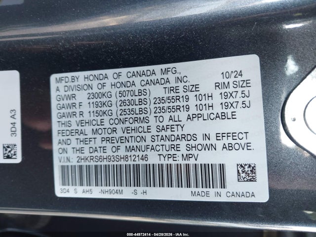 2HKRS6H93SH812146 Honda Cr-v Hybrid Sport Touring
