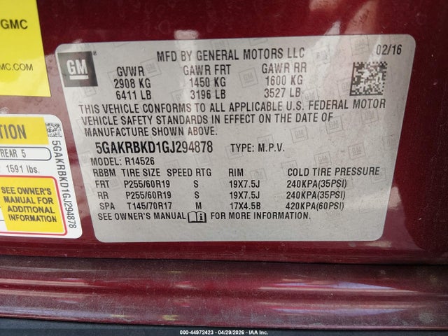 Продаж на аукціоні авто 2016 Buick Enclave Leather, vin: 5GAKRBKD1GJ294878, номер лоту: 44972423