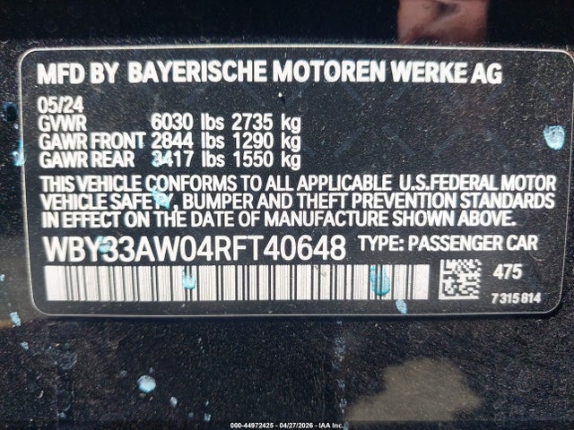 BMW I4 Gran Coupe M50 2024 WBY33AW04RFT40648 Image 9