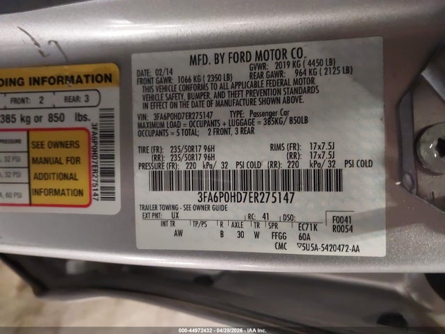 2014 Ford Fusion Se მანქანა იყიდება აუქციონზე, vin: 3FA6P0HD7ER275147, აუქციონის ნომერი: 44972432