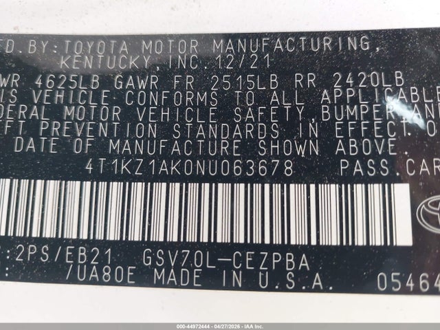 4T1KZ1AK0NU063678 Toyota CAMRY TRD