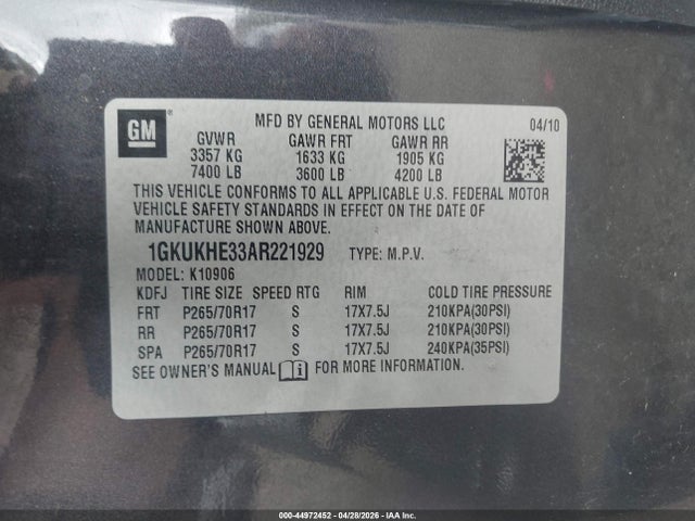 2010 Gmc Yukon Xl 1500 Sle მანქანა იყიდება აუქციონზე, vin: 1GKUKHE33AR221929, აუქციონის ნომერი: 44972452