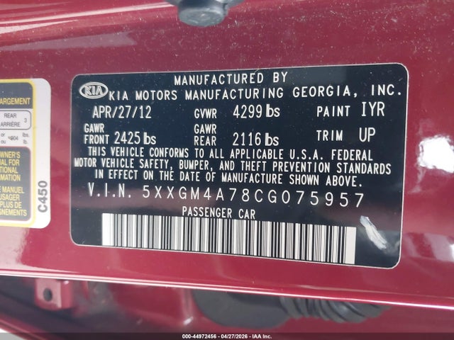44972456 :رقم المزاد ، 5XXGM4A78CG075957 vin ، 2012 Kia Optima Lx مزاد بيع