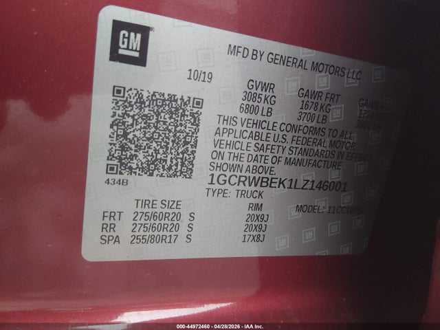 44972460 :رقم المزاد ، 1GCRWBEK1LZ146001 vin ، 2020 Chevrolet Silverado 1500 مزاد بيع