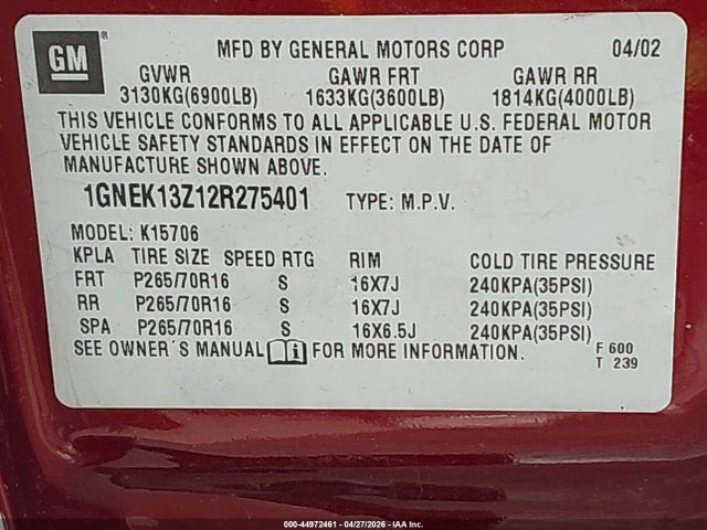 2002 Chevrolet Tahoe Lt მანქანა იყიდება აუქციონზე, vin: 1GNEK13Z12R275401, აუქციონის ნომერი: 44972461